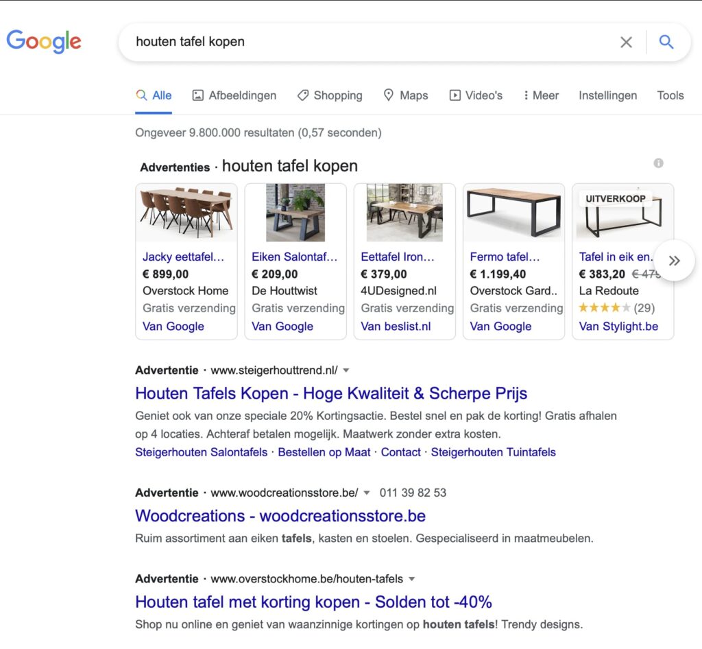 shopping zoekresultaten in zoekmachines