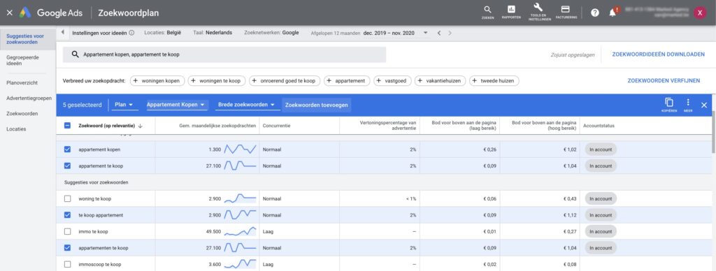 Selectie relevante zoekwoorden binnen google ads keyword planner