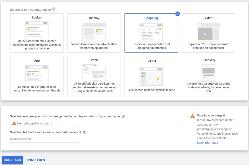 Opzet google shopping campagne