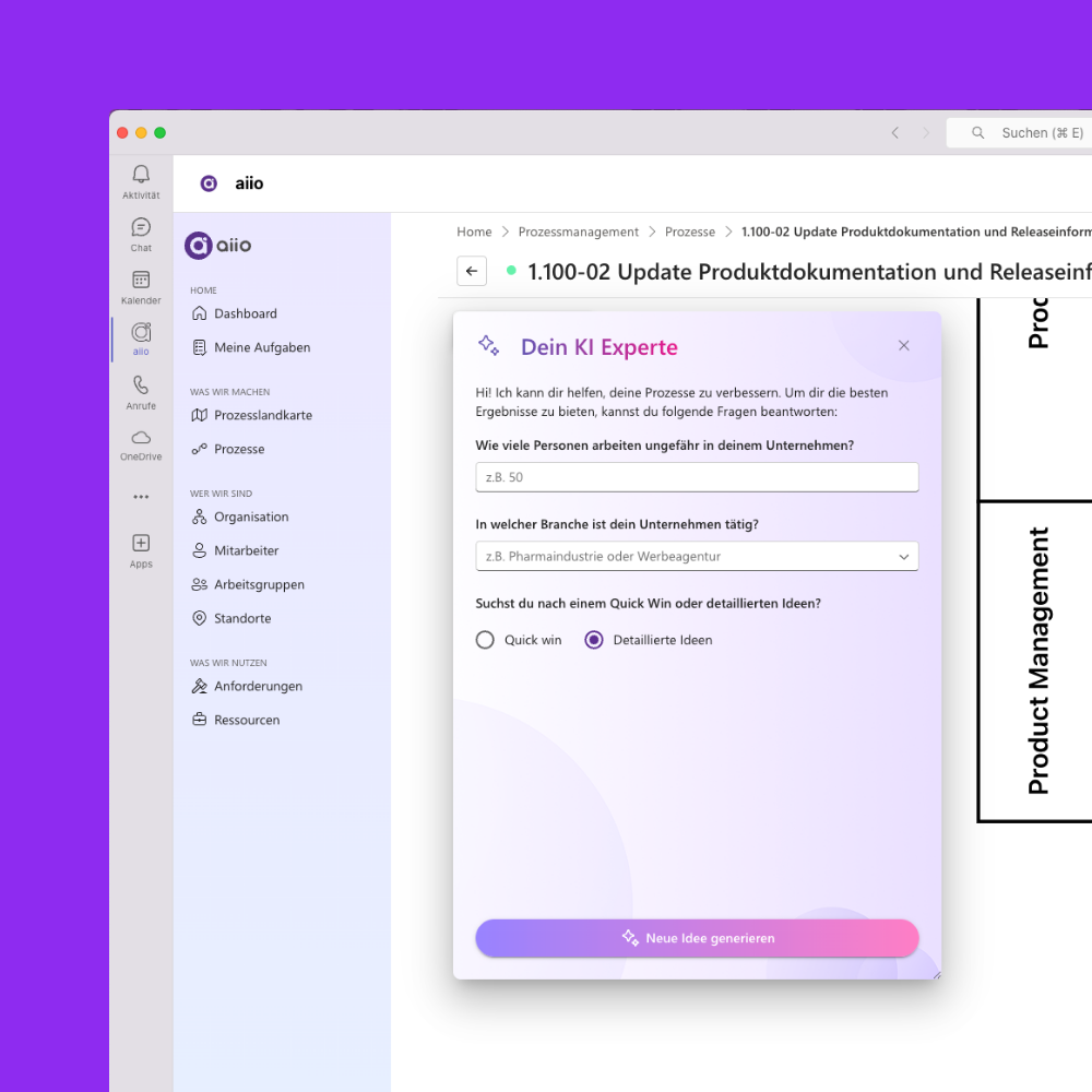 Screenshot of a software interface in German showing a sidebar menu with sections like Dashboard, Meine Aufgaben, Prozesslandkarte, and Prozesse, and a main pop-up window titled 'Dein KI Experte' asking about company size, industry, and preference for quick win or detailed ideas.