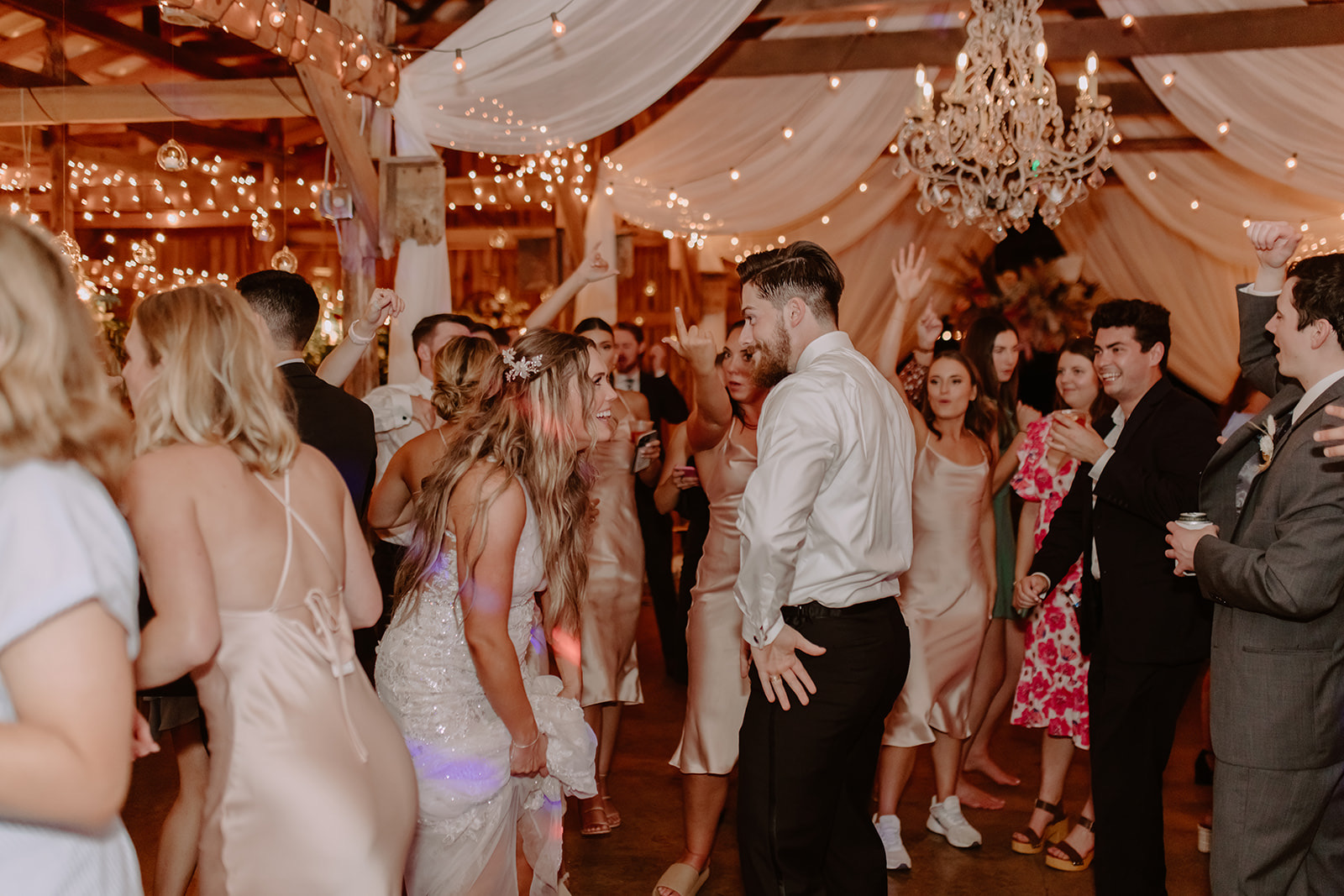 A fun bride and groom moment on the dance floor at  beautiful south central Kentucky wedding venue.