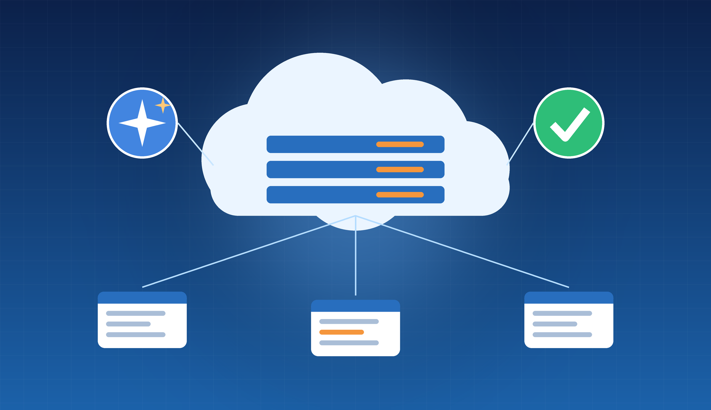 Illustration of Salesforce records in a cloud, linked to an AI assistant icon and an approval checkmark