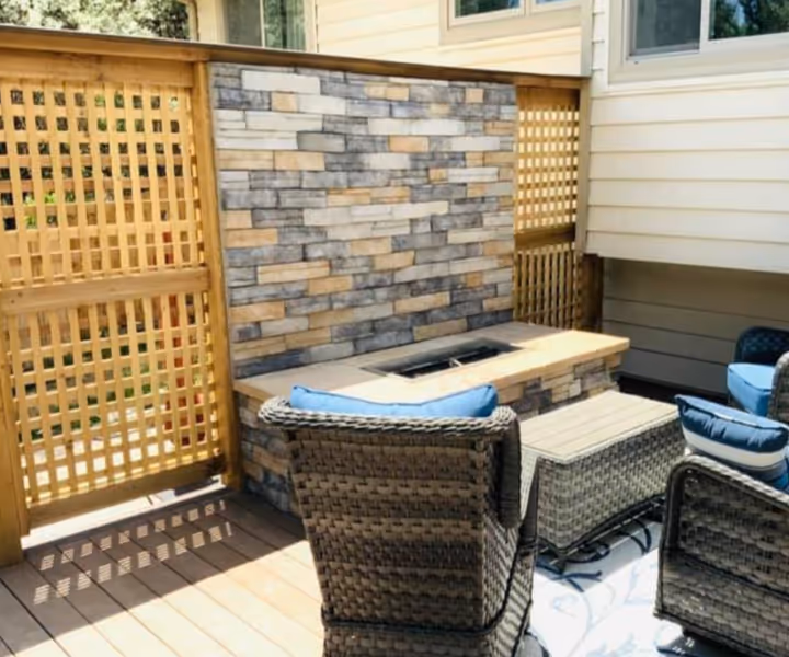 Deck with Custom Stone Fire Pit and Privacy Wall 