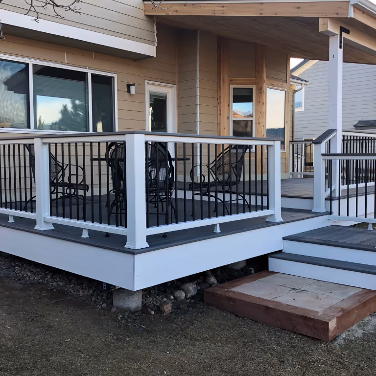 Multi-level Deck with Metal Railings in Gray and White