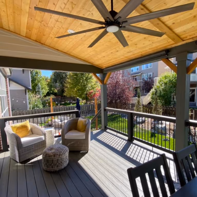Covered Deck with Wood Ceiling, Fan and Lighting