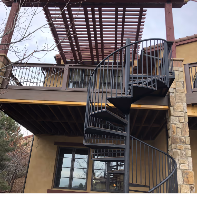 Second Story Heavy Timber Pergola over a Deck and with spiral stairs