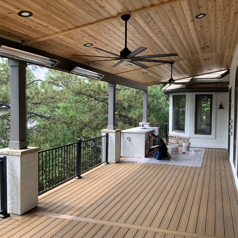 Covered Composite Deck with wood cileing
