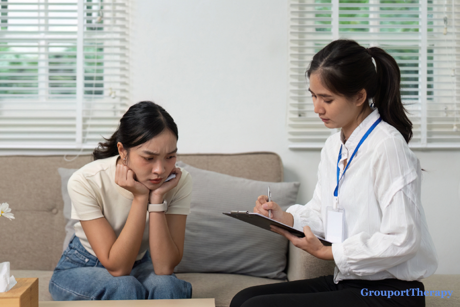 Young woman discussing emotional distress with a mental health therapist