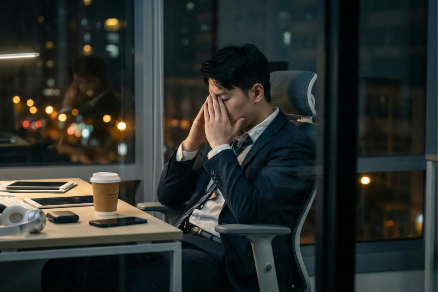 Exhausted office worker experiencing stress while working late at night