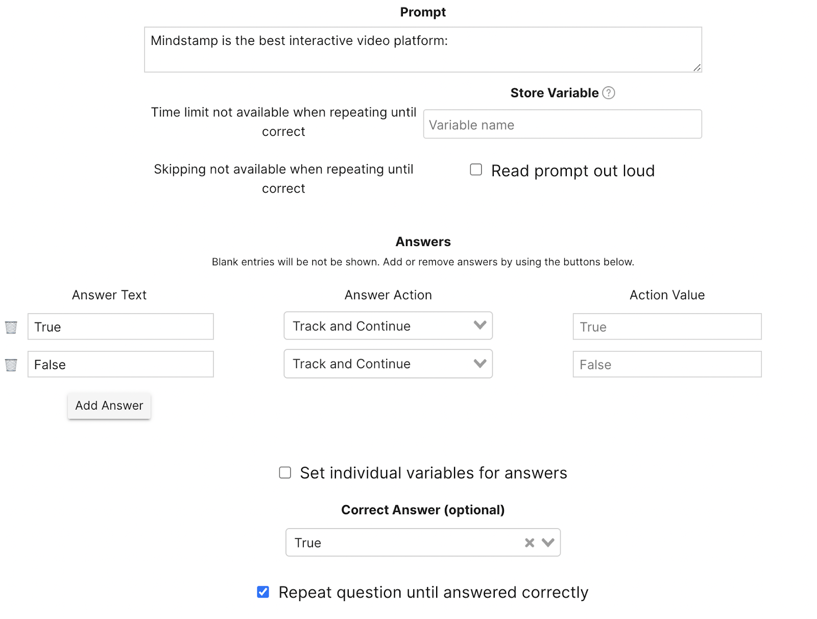 Question settings available on Mindstamp