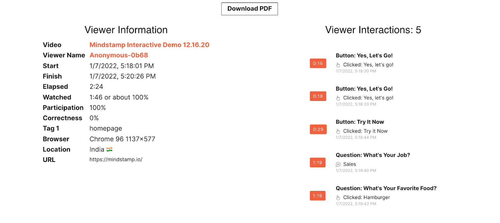 Information on a specific video viewer from the Mindstamp reports