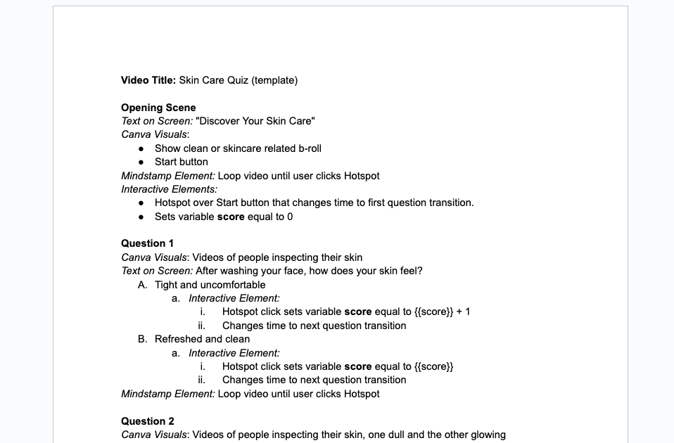 Interactive Video Product Quiz Outline