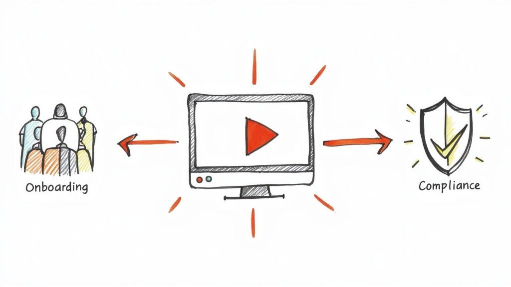 A diverse team collaborates in a modern office, using a large screen for training.