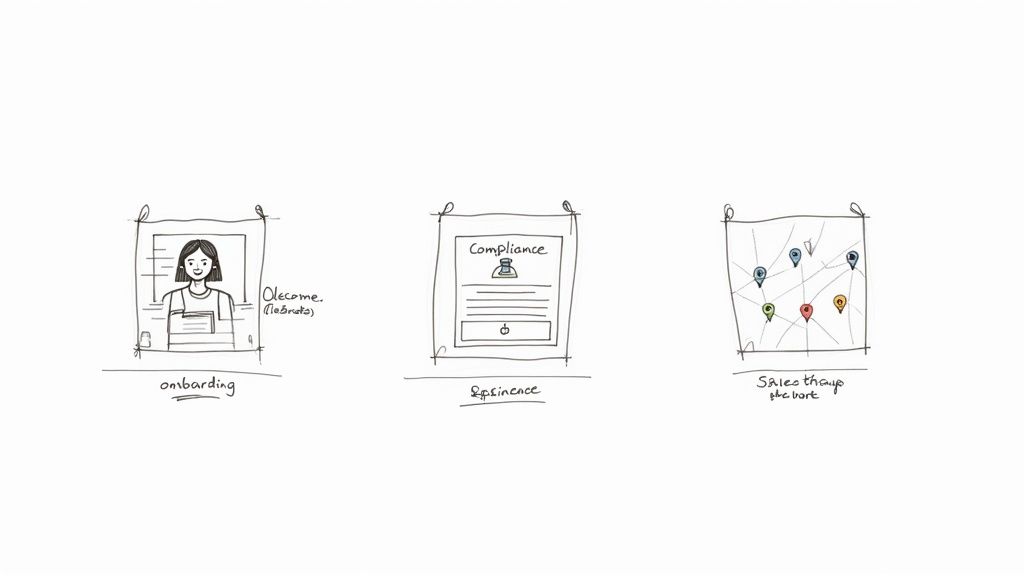 A diverse group of employees engaged in a training session in a modern office.