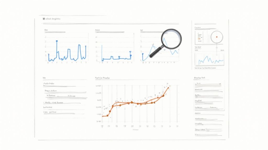 An analyst reviewing viewer analytics on a dashboard, with graphs showing completion rates and engagement metrics.