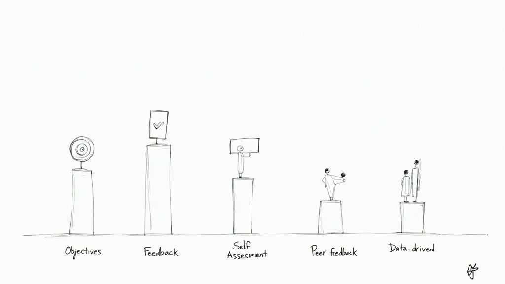 Five diverse professionals collaborating around a table, brainstorming with sticky notes and laptops.