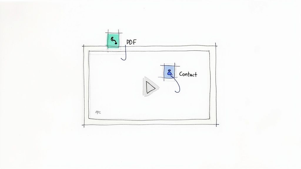 An animated hand icon clicking on an overlay within a video player, symbolizing interactivity.