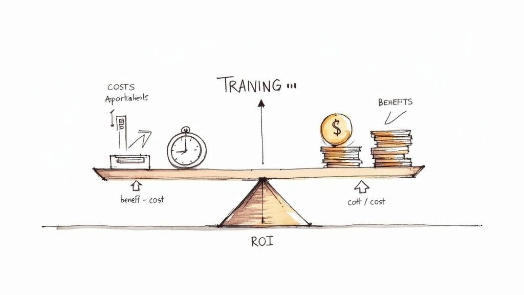Balance scale illustrating training ROI with costs and benefits showing return on investment
