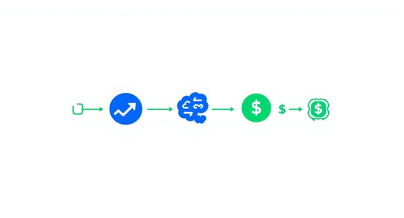 Business process flow diagram showing progression from analysis through growth strategy to financial returns and investment