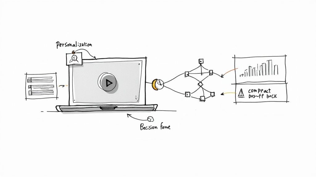 Diagram showing personalized video content workflow with decision points and analytics dashboard