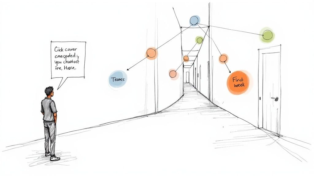Person viewing complex interconnected network diagram with teams and first week nodes in hallway