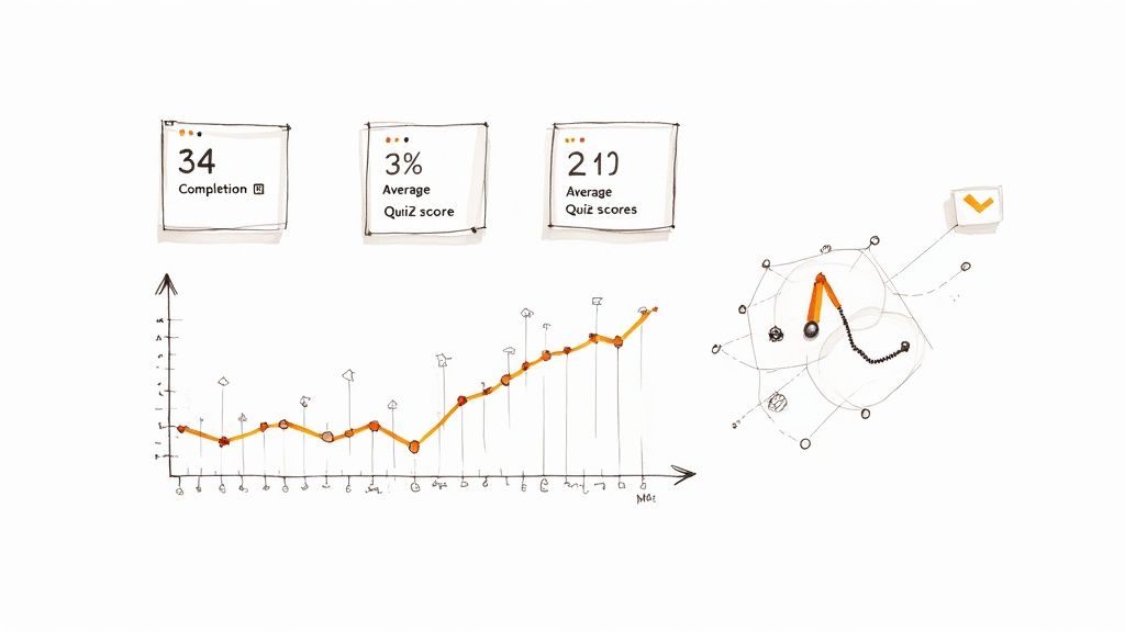 A hand-drawn dashboard displaying completion, average quiz scores, and a line graph.