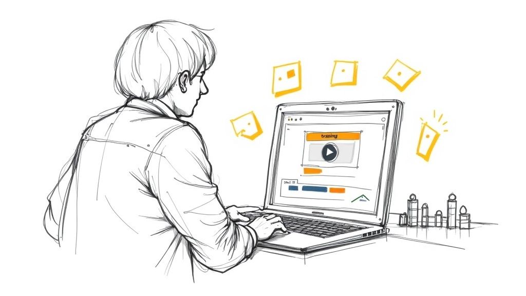 Sketch of a person watching a video training course on a laptop, learning new skills.