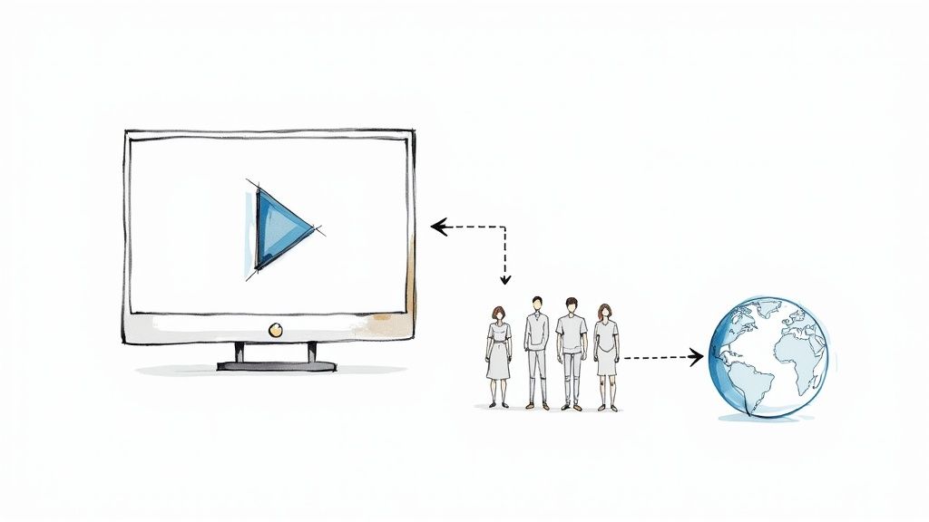 Hand-drawn illustration depicting a video played for people, connecting them globally.