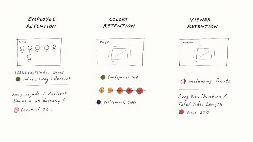 A hand-drawn infographic illustrating employee, cohort, and viewer retention with simple diagrams and text.