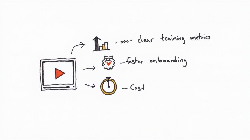 Hand-drawn illustration showing a video screen leading to clear training metrics, faster onboarding, and reduced costs.