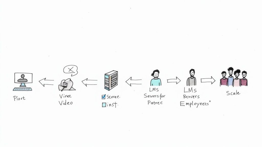 A workflow diagram showing a video personalization system, LMS, servers, and user scaling.