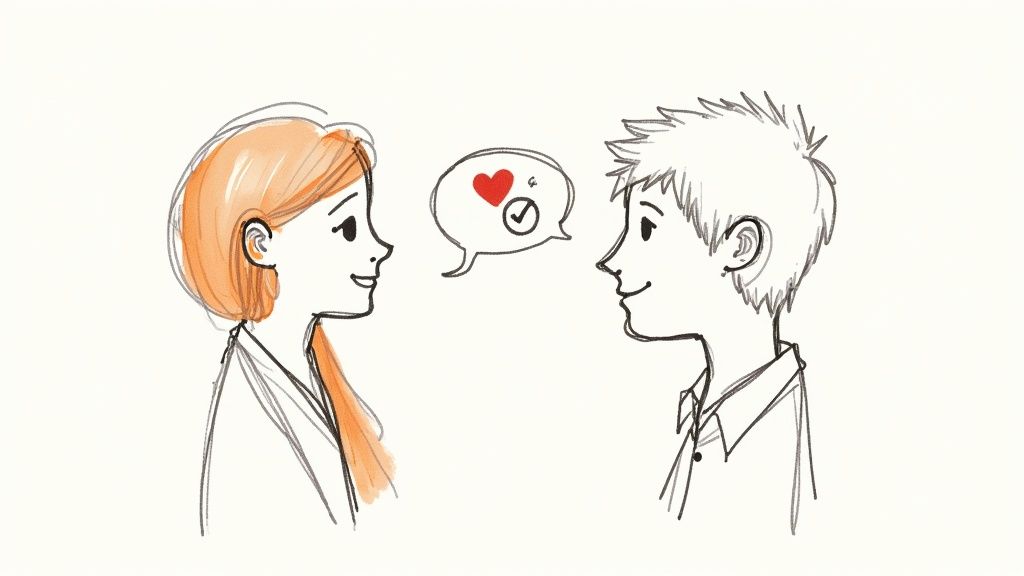 Illustration of a man and woman communicating, with a speech bubble showing a heart and checkmark.