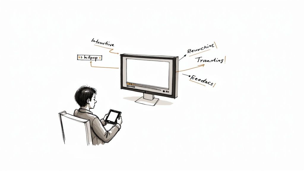 A person interacts with a tablet and a computer monitor, illustrating concepts of digital engagement and feedback.