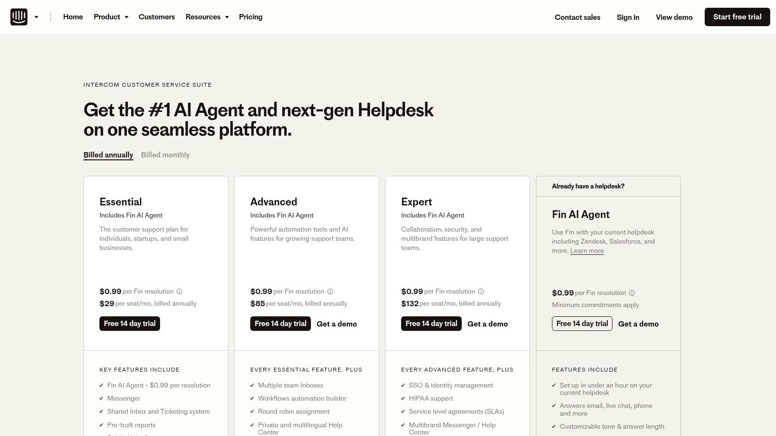 Intercom's pricing page showing its different plans and features