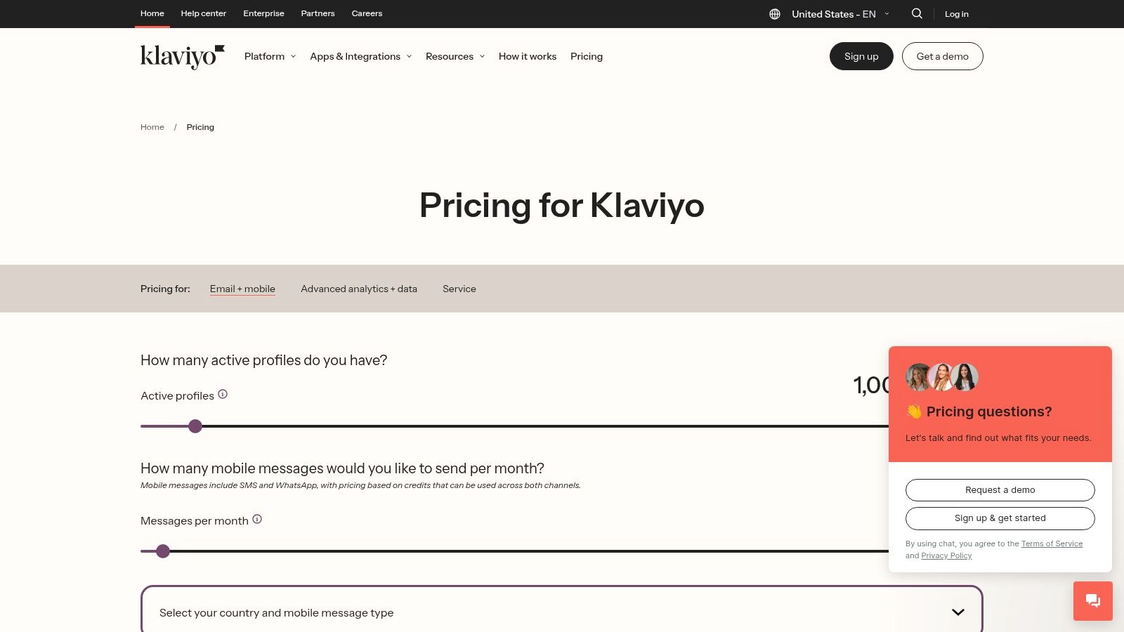 Klaviyo pricing page showcasing transparent, profile-based tiers