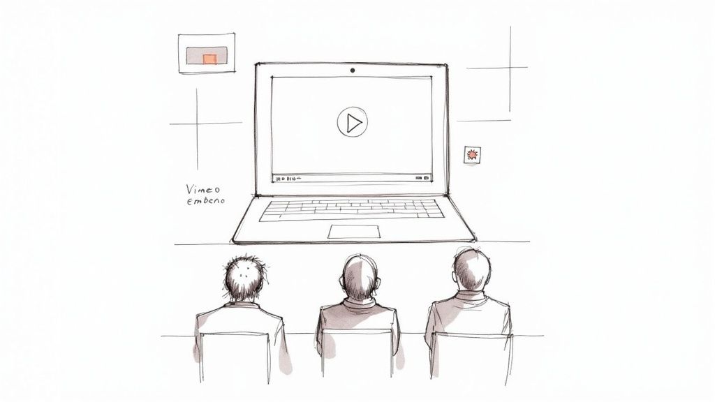Hand-drawn image showing three people watching an embedded Vimeo video on a laptop.