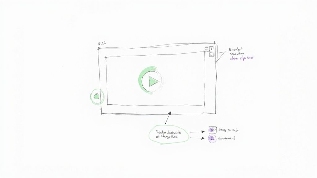 Hand-drawn sketch of a video player interface with a play button and content observation features.