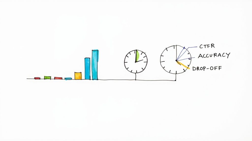A hand-drawn bar chart shows growth, connected to clocks illustrating CTFR, accuracy, and drop-off metrics.
