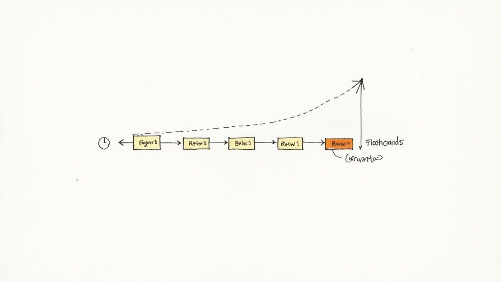 Diagram illustrating a learning process with spaced reviews and flashcards, showing increasing intervals.
