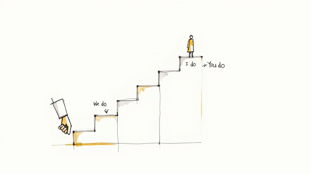 Staircase illustration showing learning or delegation steps: 'we do' (collaboration), 'I do' (personal action), and 'you do' (independent work).