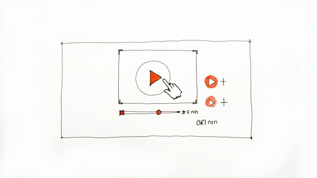 Hand-drawn sketch of a video player with a play button being clicked, showing a timeline and additional controls.
