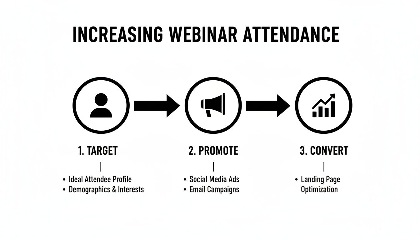 Diagram outlining three steps to increase webinar attendance: Target, Promote, and Convert, with specific actions.