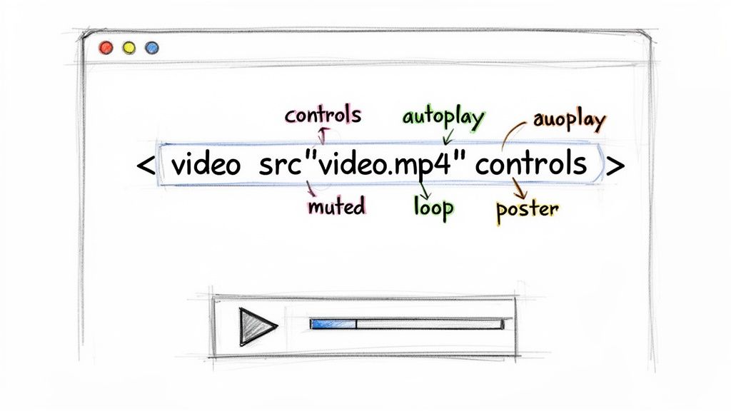 Sketch showing an HTML video tag with common attributes like controls, muted, autoplay, loop, and poster.
