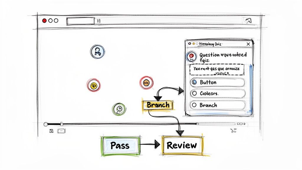 A hand-drawn sketch illustrating an interactive video player with a quiz and branching logic.