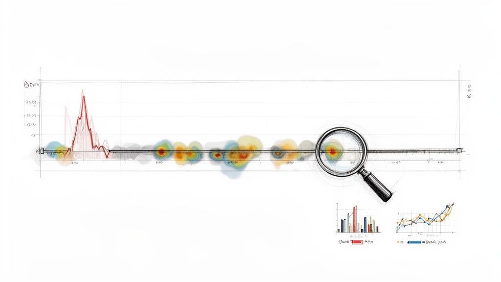Conceptual data visualization showing a timeline with a red line graph, heatmap data points, and a magnifying glass for analysis.