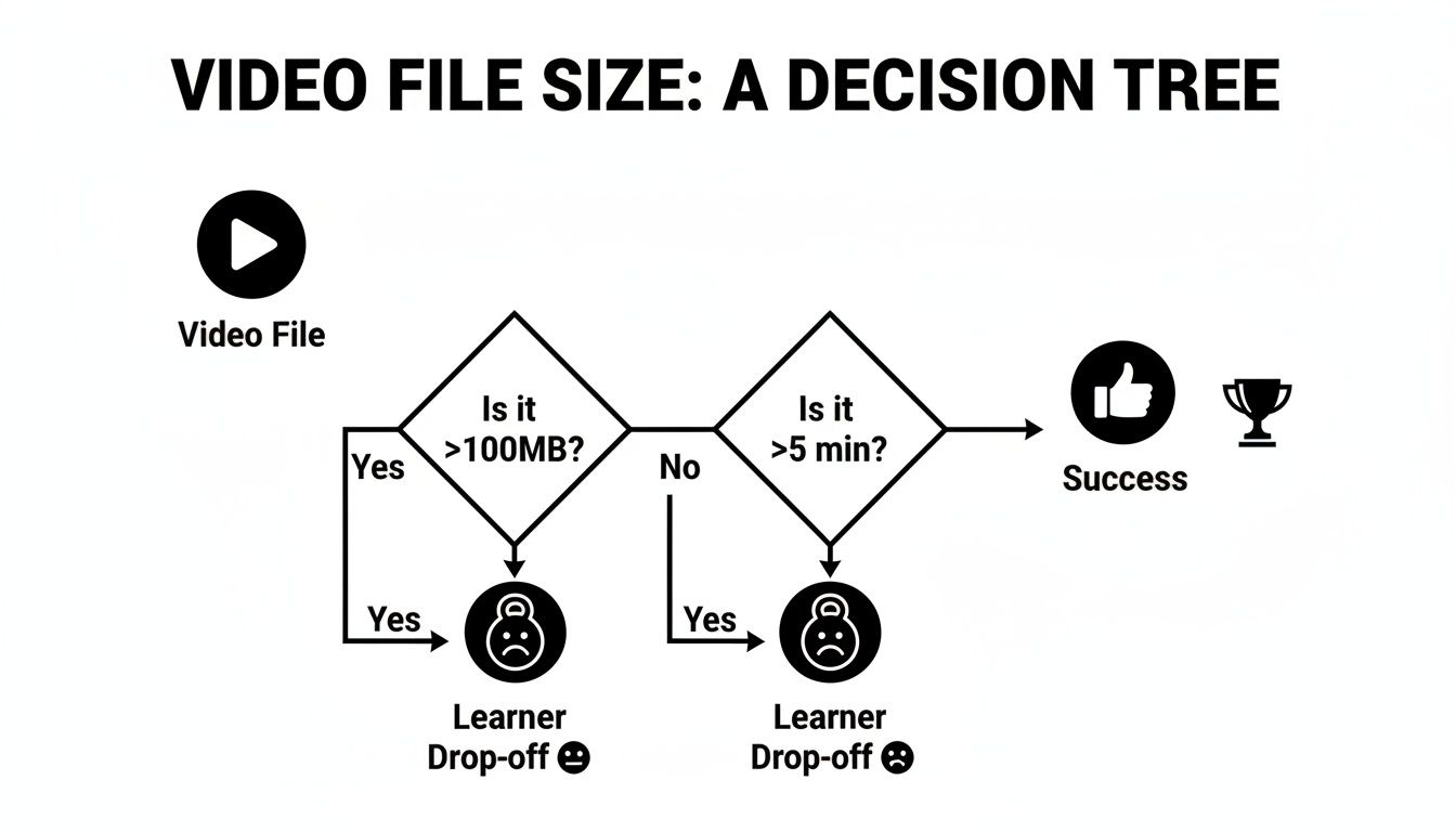 Flowchart illustrating a decision tree for video file size, leading to learner drop-off or success.