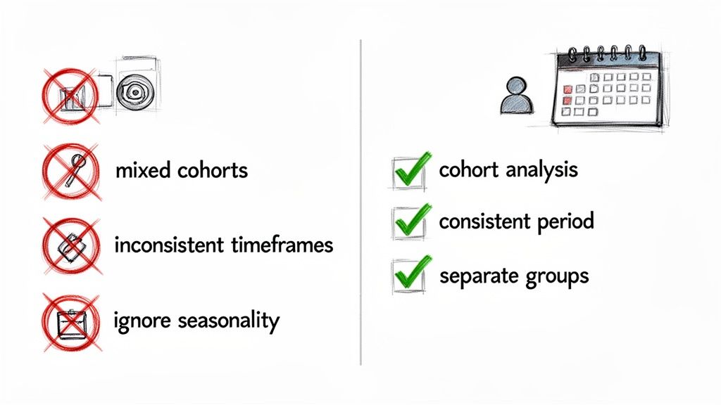 Visual guide contrasting incorrect analysis practices with correct methods like cohort analysis and consistent periods.