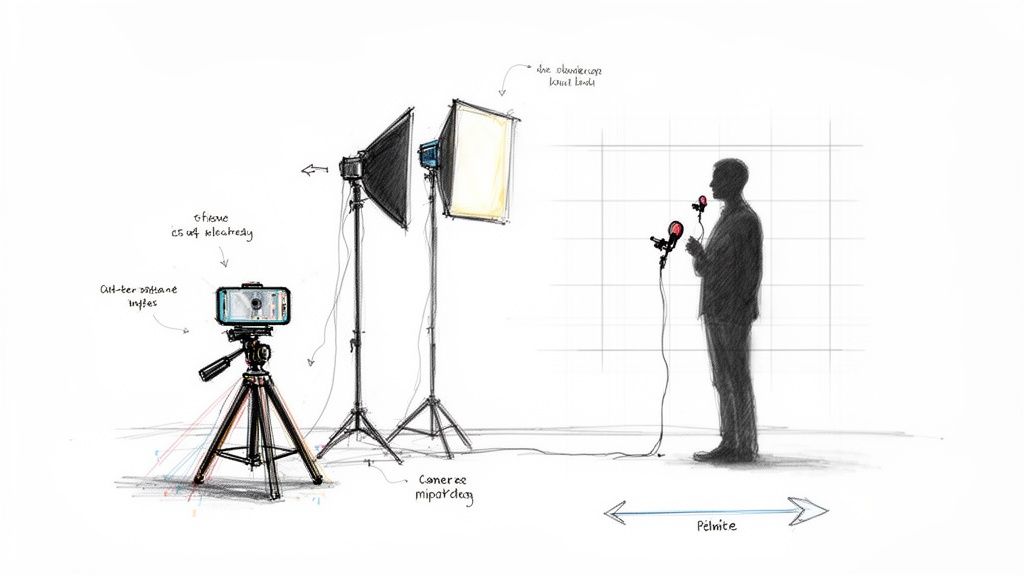 A sketch of a video recording setup with a smartphone, two softbox lights, and a person speaking into microphones.