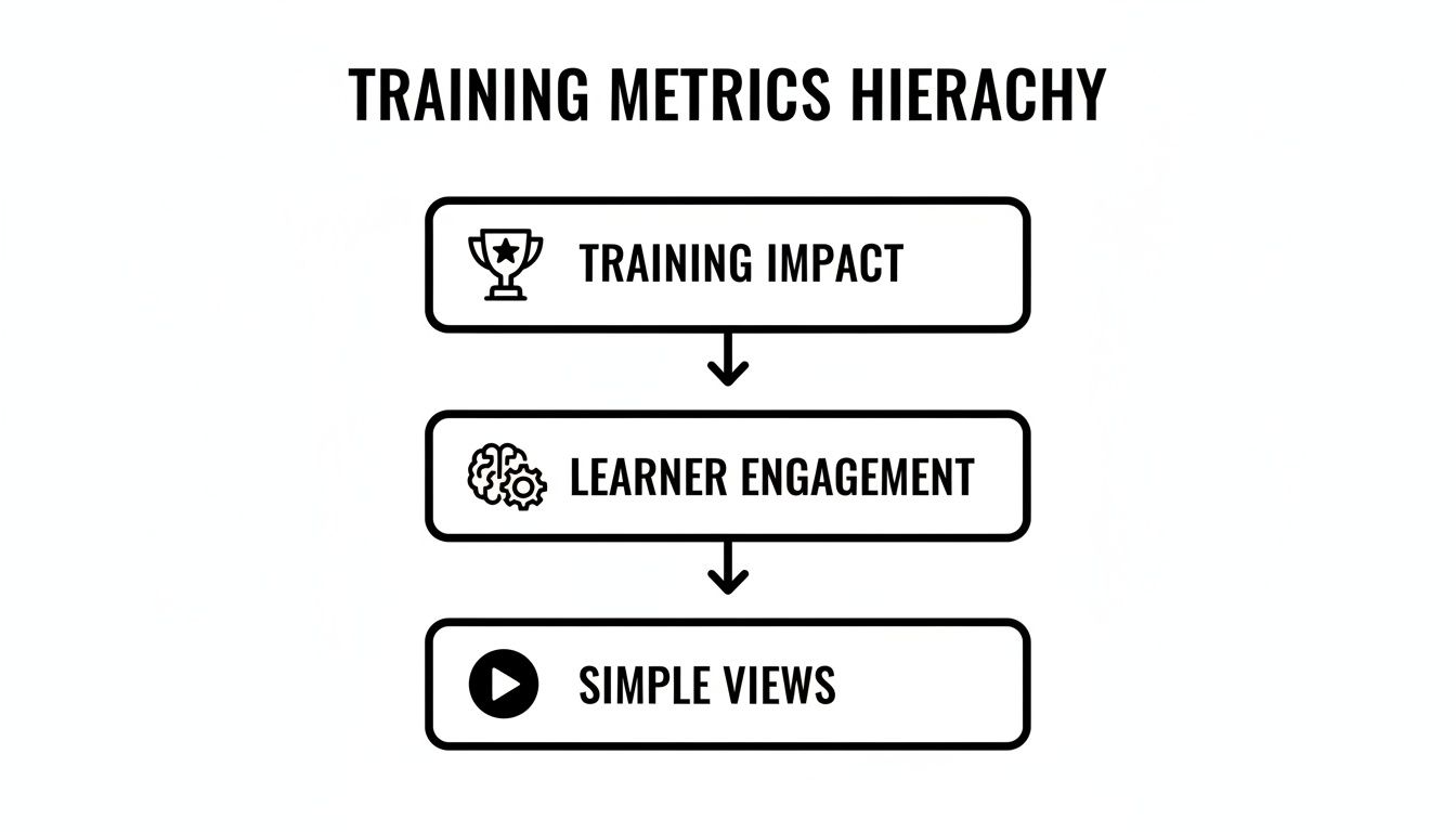 A training metrics hierarchy diagram showing Training Impact, Learner Engagement, and Simple Views in sequence.