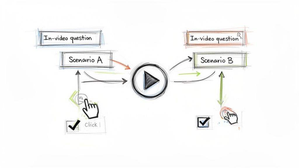 Flowchart illustrating interactive in-video questions leading to distinct scenarios A and B with user choices.